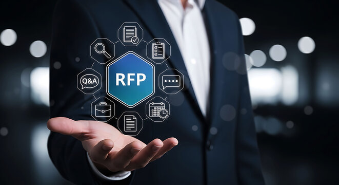 Businessman holding RFP request for proposal concept icon network infographic