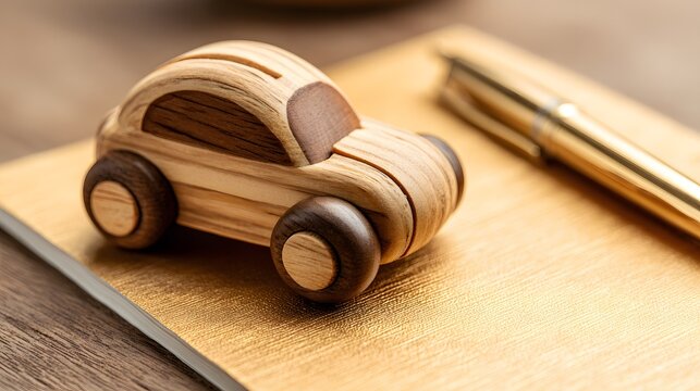 Miniature wooden car toy resting on a textured golden notebook next to a luxury pen.