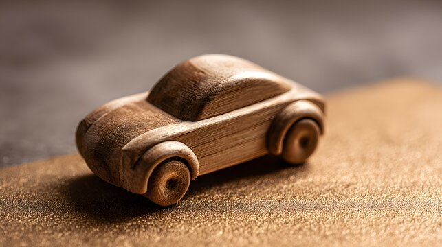 Close up of a crafted wooden car model placed on a shimmering golden glitter surface.