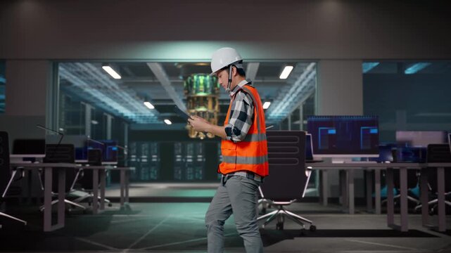 Side View of Asian Male Engineer Use Tablet While Walking at Futuristic Quantum Computer Data Center Control Room