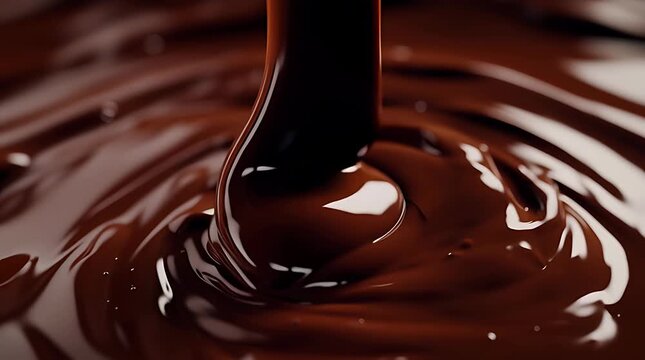 Close up view of smooth dark melted chocolate pouring and swirling in a bowl.
