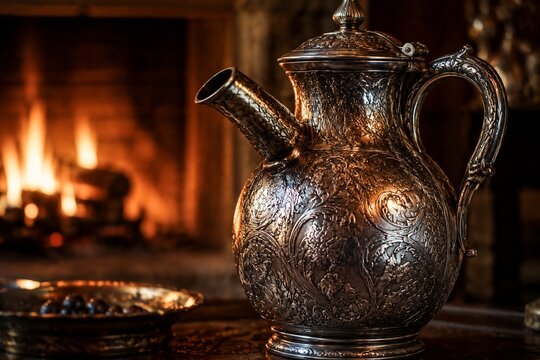 An intricately engraved silver flagon reflecting flickering firelight.