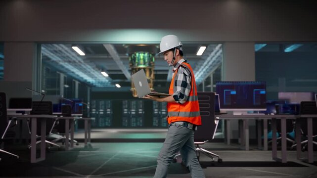 Side View of Asian Male Engineer Use Computer While Walking at Futuristic Quantum Computer Data Center Control Room