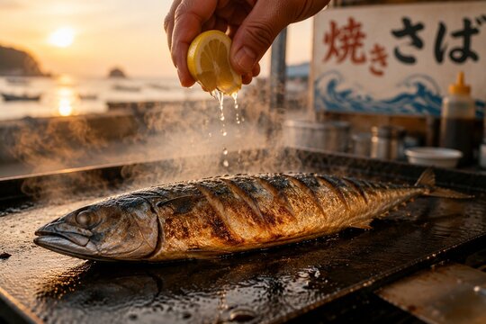 A mackerel grilling on a hotplate, a slice of lemon being squeezed over it.