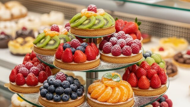 Assortment of Fresh Fruit Tarts in a Display