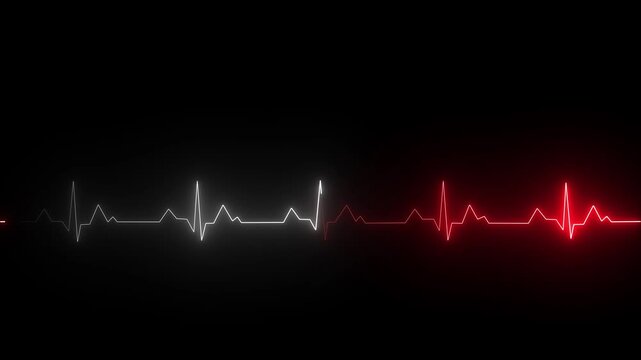 Neon glowing heartbeat and pulse rate animation. red and white color heartbeat showing pulse 4k animation video on  black background