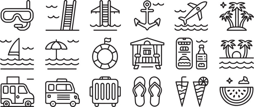 Tropical Travel Icons Set with Beach Umbrellas, Water Waves, Palm Trees, and Sunglasses for Vacation Concepts