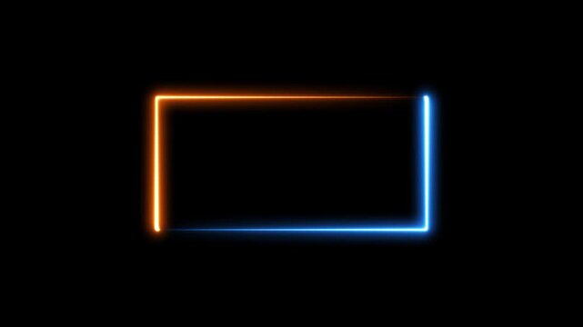 Square rectangle picture frame with two tone neon color motion graphic on isolated black background. Blue and orange light moving for overlay element. 4K footage video effect seamless loop. 