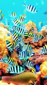 School of Sergeant Major Fish Swimming Over Vibrant Coral Reef in Clear Tropical Ocean Water