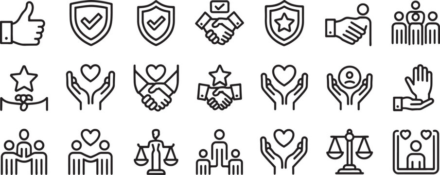 Handshake Icon Set with Shields, Stars, Hearts, and Thumbs Up for Trust and Agreement Vector Design Featuring Collaboration