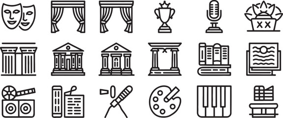 Theater and Culture Icons Vector Set with Masks Curtains Trophies Columns Building Books Music Symbols © md