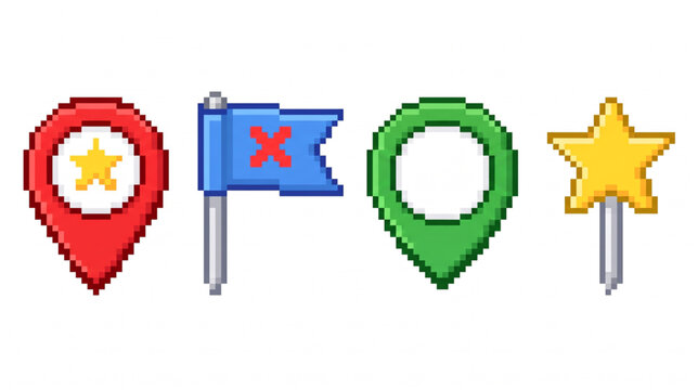 Pixel art map pin navigation UI marker icons pack with red checkpoint blue flag green pointer star banner