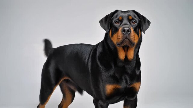 Rottweiler dog standing on neutral gray background, muscular build, glossy black coat with tan markings, strong sturdy breed traits highlighted.