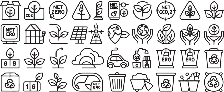 Ecology Sustainability Icons Set with Net Zero Co2 Carbon Neutral and Recycling Symbols for Environmental Concept Design