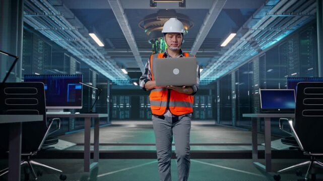 Front View of Asian Male Engineer Use Computer While Walking at Futuristic Quantum Computer Data Center Control Room