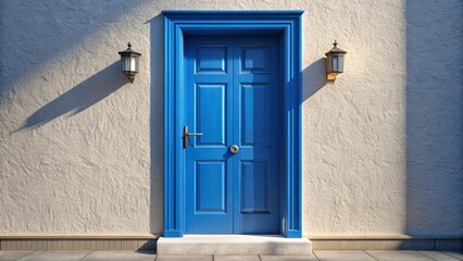 Fototapeta premium Blue front door on white wall