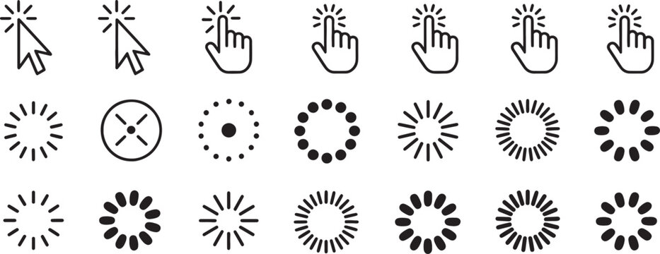 Hand Click Pointer and Touch Icons Set with Sun Rays and Pointing Fingers for Ui Interaction Design Featuring Cursor, Gesture