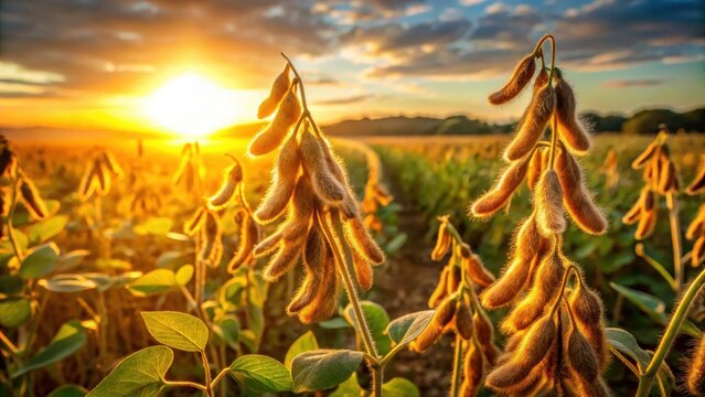 Mature soybean pods glowing in the evening sun on a soy agriculture field