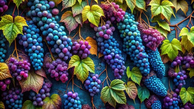 Decorative wall of  blue purple ivy maiden grape after rain