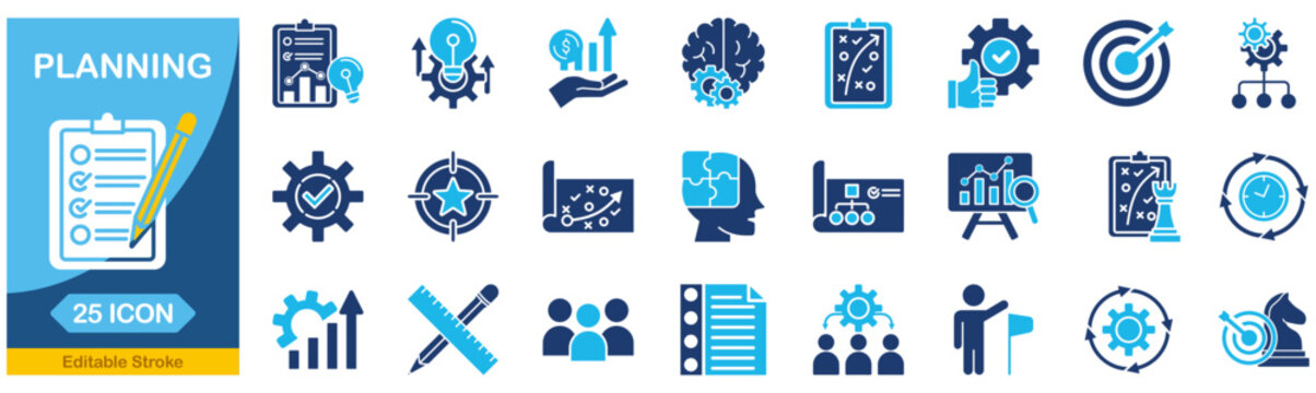 Action plan icon set collection in Blue Monochrome Flat Design. Goal and implementation Editable stroke. Vector illustration.