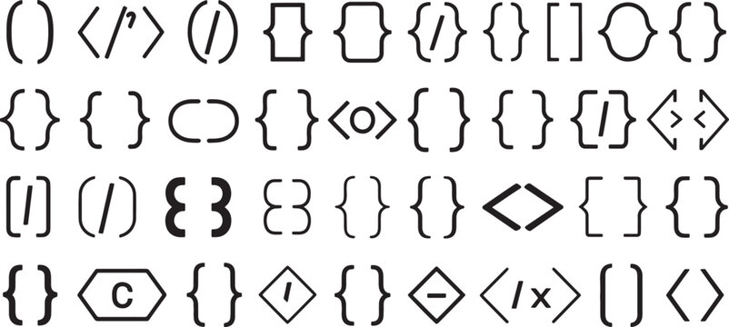 Bracket Icon Set with Black Geometric Symbols, Scalable Vector Shapes, and Abstract Interface Markup for Design