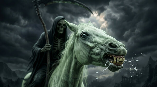 The Four Horsemen of the Apocalypse riding fiercely out of dark, swirling storm clouds. Biblical book of Revelation