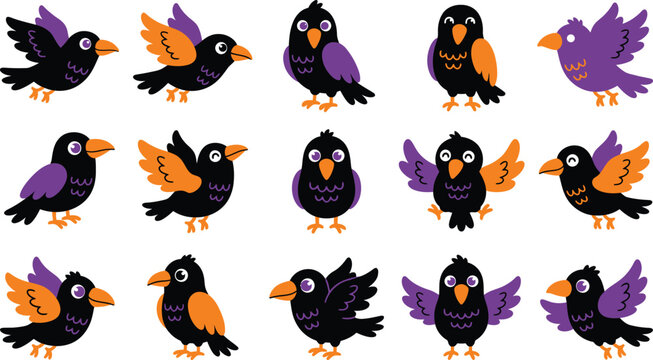 Set of cute cartoon raven and crow illustrations for halloween party decoration