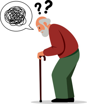 Elderly man with cane and thought bubble showing tangled lines and question marks