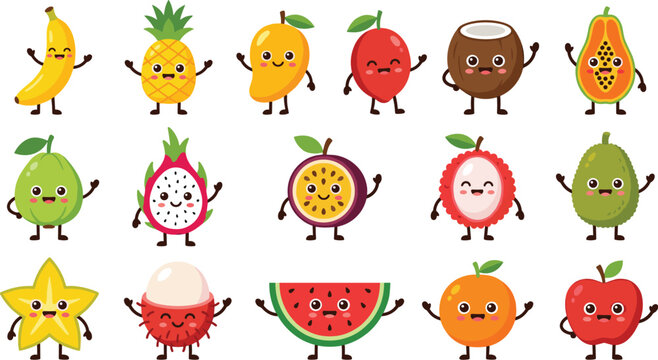 Cute kawaii tropical fruit character clipart collection featuring banana pineapple mango dragon fruit watermelon and smiling cartoon mascots vector illustration set