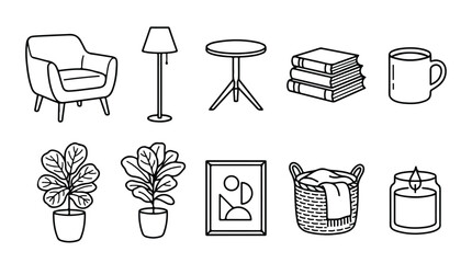 Cozy Home Decor Icons, Minimalist Furniture & Plant Illustrations, Scandinavian Style Living Room Elements, Vector Art Set © Sidra