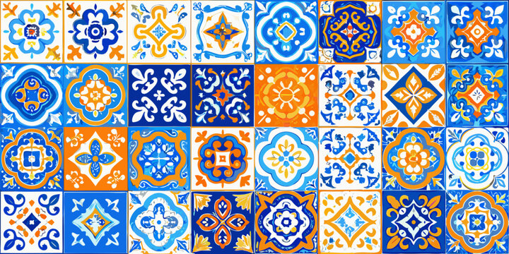 Floral ornament pattern with geometric shapes in blue and orange tones