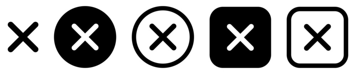 Close icon set with X mark, delete, cancel and remove symbols in solid circle, square and outline styles. UI icons for web interfaces, mobile devices, forms and software.  © GraphicSpark