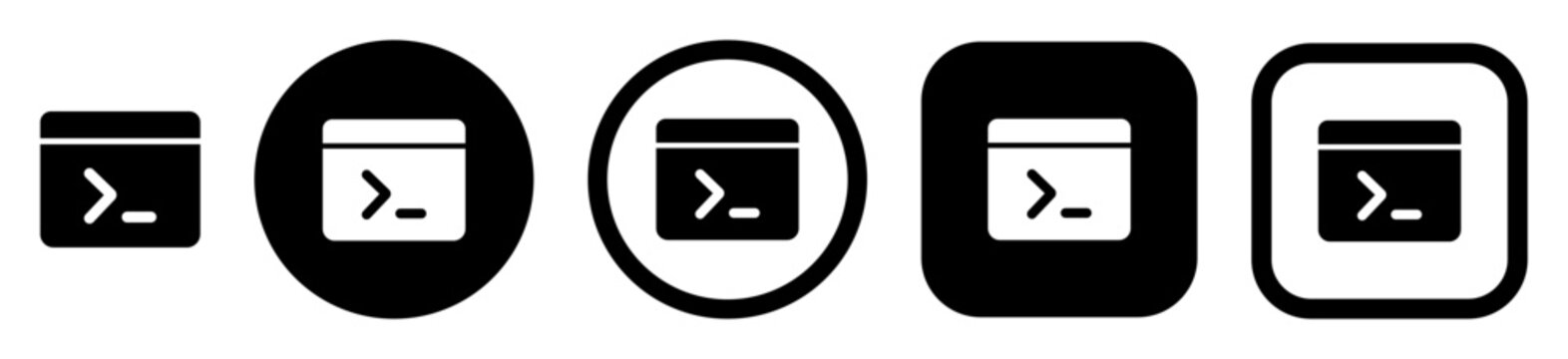 Terminal command icon set with console, shell and command line symbols in solid circle, square and outline styles. Developer icons for coding tools, web interfaces, mobile devices.