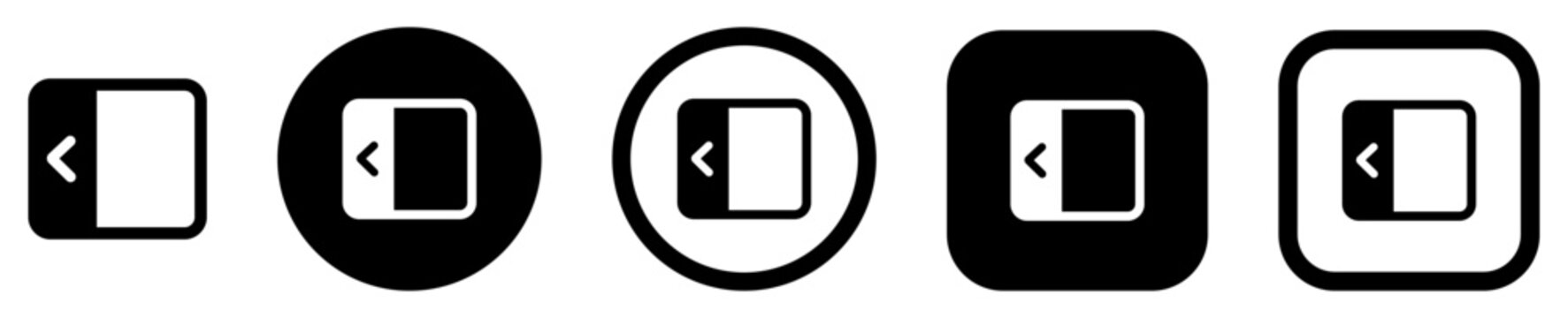 Sidebar collapse icon set with toggle panel navigation symbols in solid circle, square and outline styles. UI icons for web interfaces, mobile devices, admin dashboards and software. 