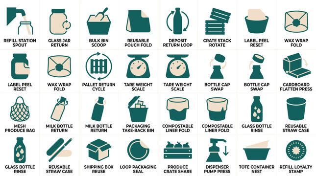 Zero Waste and Sustainable Reusable Packaging Icon Set
