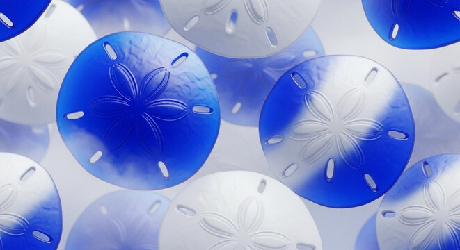 Close up of blue and white sand dollar shells pattern.