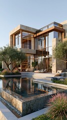 Fototapeta premium Stunning Modern Architectural Design with Pool and Scenic Surroundings
