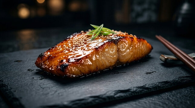 Elegant Modern Plating of Glossy Caramelized Teriyaki Black Cod on Dark Slate Plate in Fine Dining Restaurant