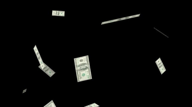 Money Falling - Dollar bills falling down from the sky. Computer generated background with dollar bills falling down,
Dollars falling in looped animation. Alpha mask.