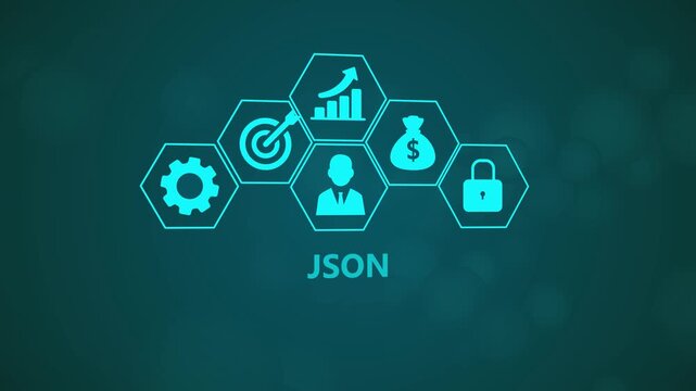 JSON Data Structure Infographic Animation with Digital Programming Icons and Technology Network on Dark Background 4K black background visuals