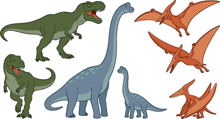 Dinosaur Collection with Tyrannosaurus Rex, Brachiosaurus, Pterosaurs, Prehistoric Reptiles, Jurassic Wildlife, and Cartoon Vector Illustration Set © MstShahida