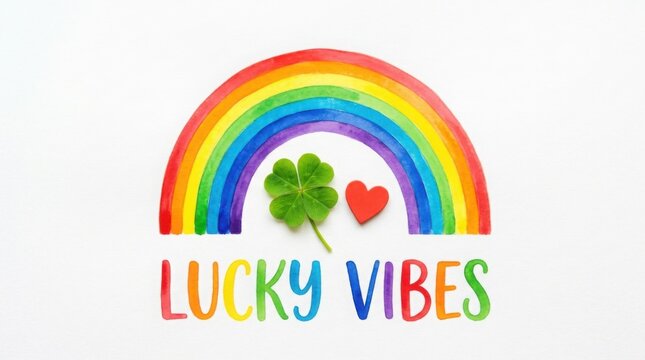 Colorful Rainbow Illustration with Four Leaf Clover and Red Heart Symbolizing Lucky Vibes Style