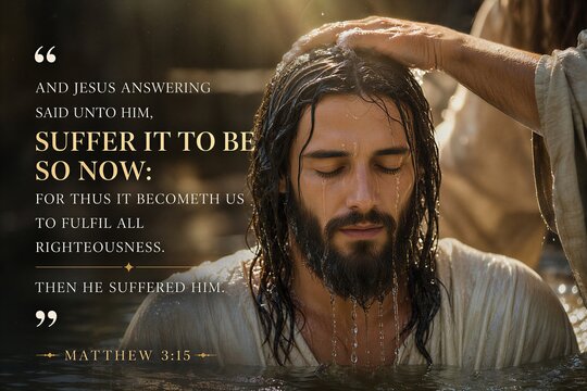 Biblical Scripture Poster from Matthew 3:15 depicting Jesus's Command to John for Baptism, fulfilling all righteousness.