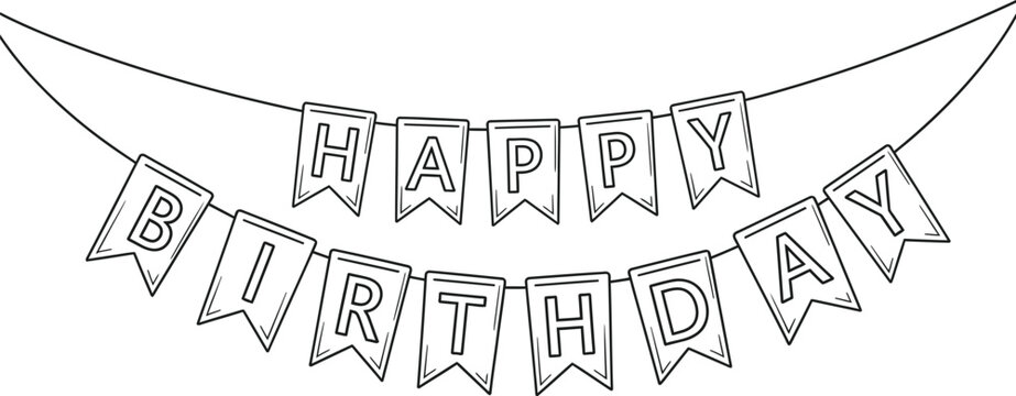 Black and white line drawing of a happy birthday banner with pennant flags on a string