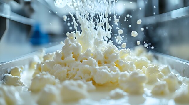 Close up of a cream separator in action with fresh milk being processed into curds and whey in a dairy production setting capturing the dynamic splash of separated milk solids against industrial