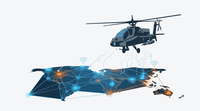 Military attack helicopter flying over a digital network map of Australia.