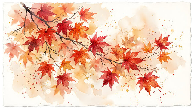 Red maple leaves on a tree branch in autumn watercolor