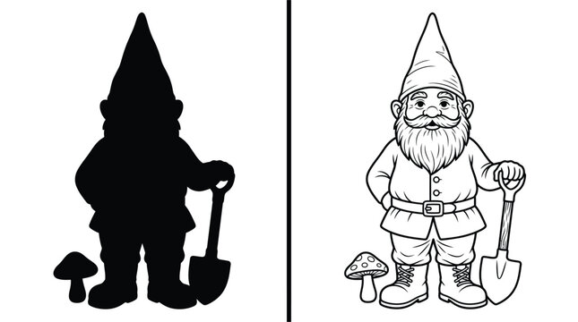 Gnome Character with a Pointed Hat and a Shovel Standing Next to a Mushroom Vector Illustration.