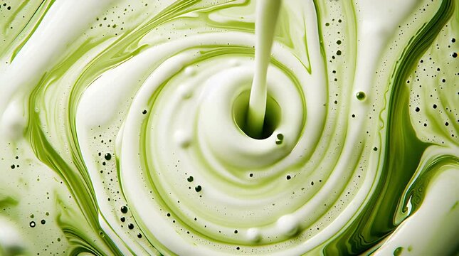 Creamy matcha green tea latte swirling with milk in a close up view.