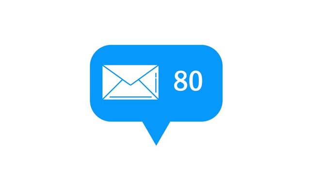 Blue email notification speech bubble animation, rising message counter icon on Alpha channel